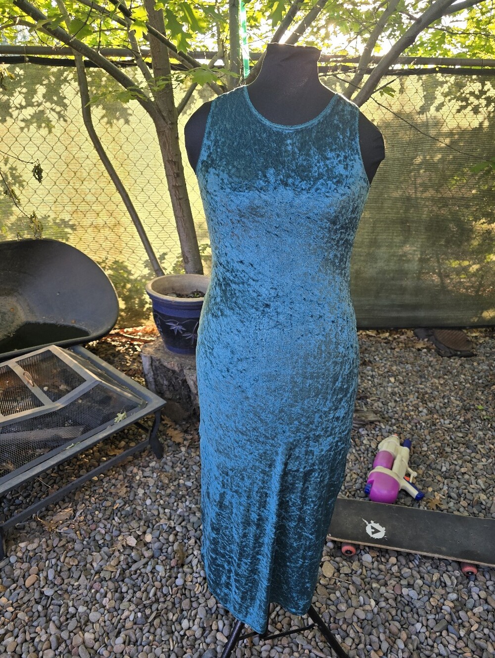 Vtg 90's Teal Crushed Velvet Sleeveless Bodycon Midi Dress Grunge Whimsigoth